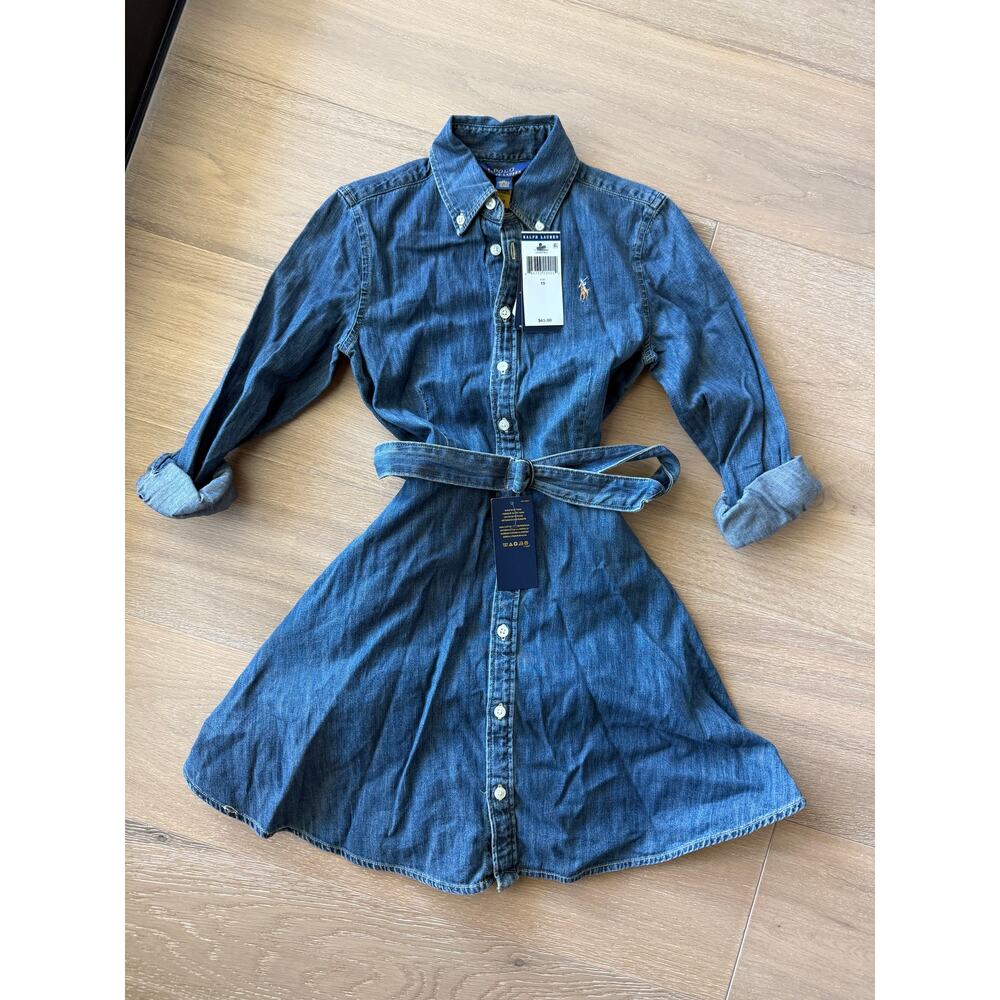 New Polo Ralph Lauren Girls Size 10 Drop Waist Belted Denim Dress